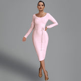 Round Neck Long Sleeve Tie Midi Bandage Dress PP21612 Aosig