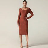 Round Neck Long Sleeve Tie Midi Bandage Dress