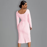 Round Neck Long Sleeve Tie Midi Bandage Dress PP21612 Aosig