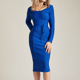 Round Neck Long Sleeve Tie Midi Bandage Dress PP21612 Aosig