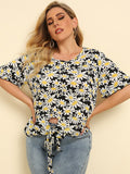 Round Neck Loose Tie T-Shirt Daisy Print Top Aosig