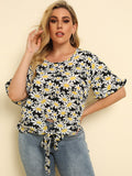 Round Neck Loose Tie T-Shirt Daisy Print Top Aosig