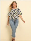 Round Neck Loose Tie T-Shirt Daisy Print Top Aosig