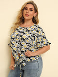 Round Neck Loose Tie T-Shirt Daisy Print Top Aosig