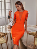 Round Neck Short Sleeve Cut Out Midi Bandage Dress