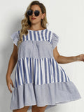 Round Neck Short Sleeve Pleated Waist Loose Panel Dress Aosig