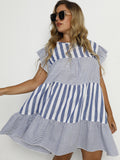 Round Neck Short Sleeve Pleated Waist Loose Panel Dress Aosig