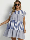 Round Neck Short Sleeve Pleated Waist Loose Panel Dress Aosig