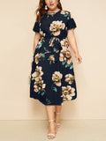 Round Neck Short Sleeve Printed Waist Chiffon Dress Aosig