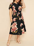 Round Neck Short Sleeve Printed Waist Chiffon Dress Aosig