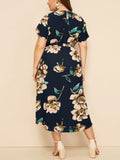 Round Neck Short Sleeve Printed Waist Chiffon Dress Aosig