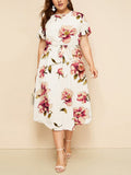 Round Neck Short Sleeve Printed Waist Chiffon Dress Aosig