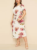 Round Neck Short Sleeve Printed Waist Chiffon Dress Aosig