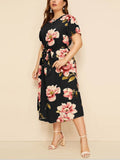 Round Neck Short Sleeve Printed Waist Chiffon Dress Aosig