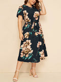 Round Neck Short Sleeve Printed Waist Chiffon Dress Aosig