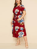 Round Neck Short Sleeve Printed Waist Chiffon Dress Aosig