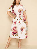 Round Neck Short Sleeve Printed Waist Chiffon Dress Aosig