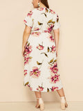 Round Neck Short Sleeve Printed Waist Chiffon Dress Aosig