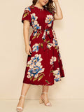 Round Neck Short Sleeve Printed Waist Chiffon Dress Aosig