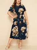 Round Neck Short Sleeve Printed Waist Chiffon Dress