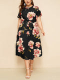 Round Neck Short Sleeve Printed Waist Chiffon Dress Aosig