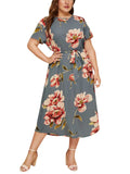Round Neck Short Sleeve Printed Waist Dress Aosig