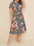 Round Neck Short Sleeve Printed Waist Dress Aosig