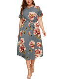 Round Neck Short Sleeve Printed Waist Dress Aosig