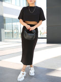 Round Neck Short T-shirt Top High Waist Bag Hip Skirt Two-piece Set Aosig