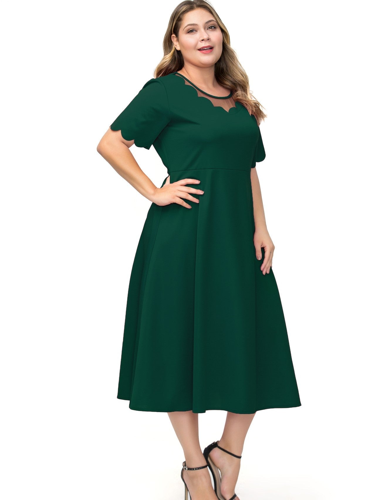 Round neck gauze stitching solid color dress Aosig