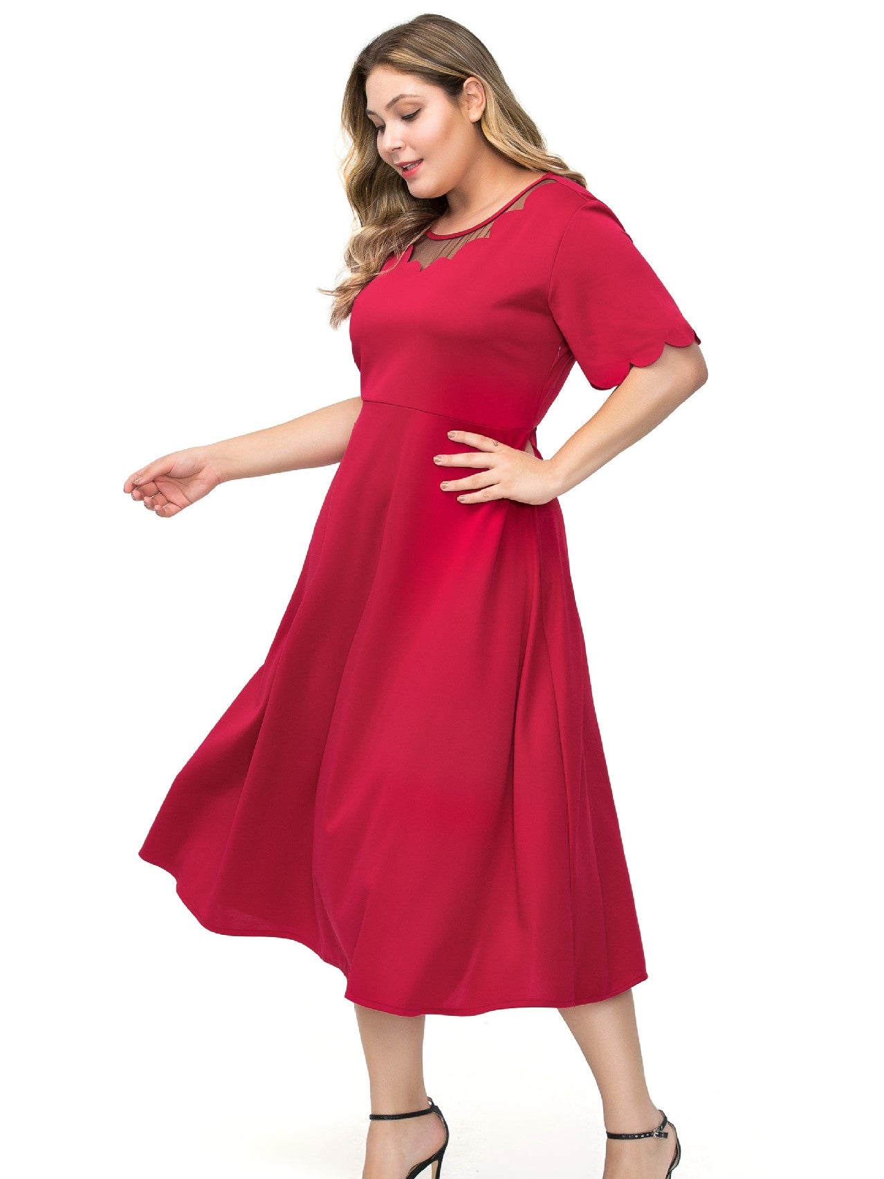 Round neck gauze stitching solid color dress Aosig
