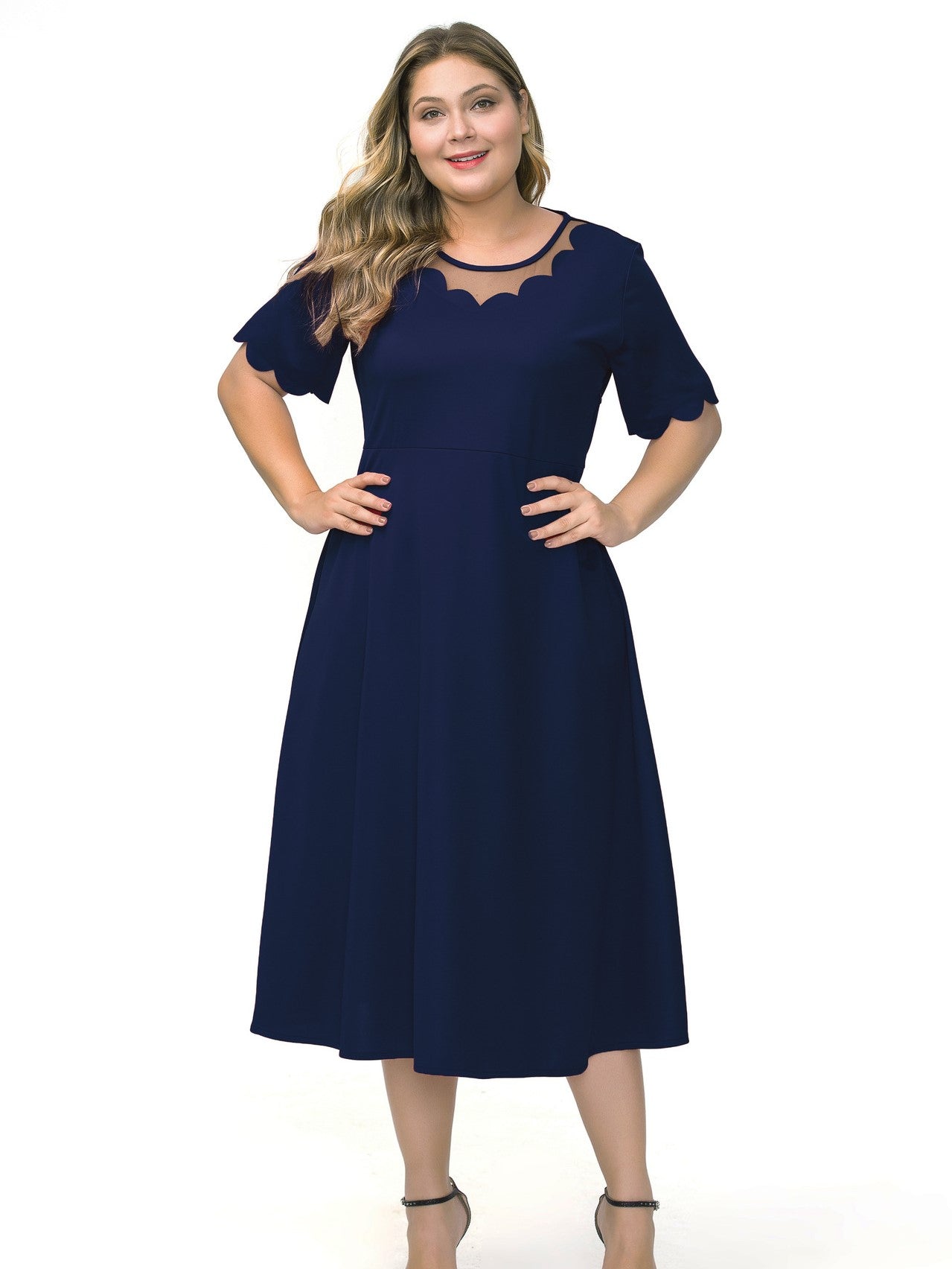 Round neck gauze stitching solid color dress Aosig