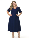 Round neck gauze stitching solid color dress Aosig