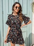 Round neck lady floral lotus leaf jumpsuit dress Aosig