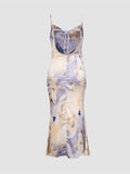 Satin Print Backless Dress Aosig