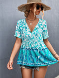 Selling Boho V-Neck Tie Positioning Floral Tops Aosig