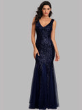 Sequin Panel Mesh Mermaid  Evening Dress Double V Neck Sleeveless Shiny Bridesmaid Dress Aosig