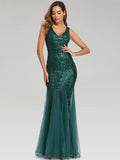 Sequin Panel Mesh Mermaid  Evening Dress Double V Neck Sleeveless Shiny Bridesmaid Dress Aosig