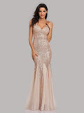 Sequin Panel Mesh Mermaid  Evening Dress Double V Neck Sleeveless Shiny Bridesmaid Dress Aosig