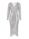 Sequined High Stretch Slit Fringe Dress Cocktail Evening Dress Aosig