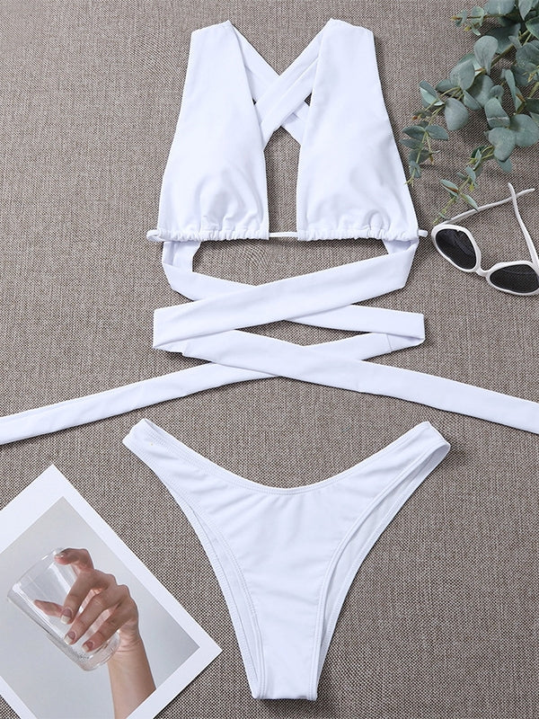 Sexy Solid Color Cut-out Lace-up Bikini Swimsuit Aosig