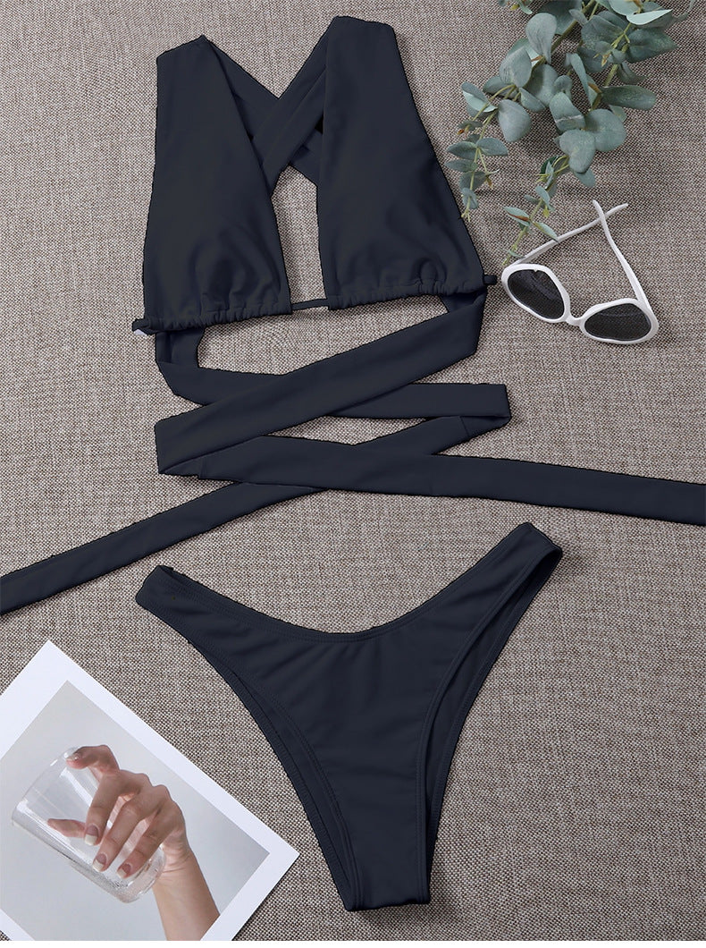 Sexy Solid Color Cut-out Lace-up Bikini Swimsuit Aosig