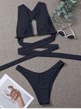 Sexy Solid Color Cut-out Lace-up Bikini Swimsuit Aosig