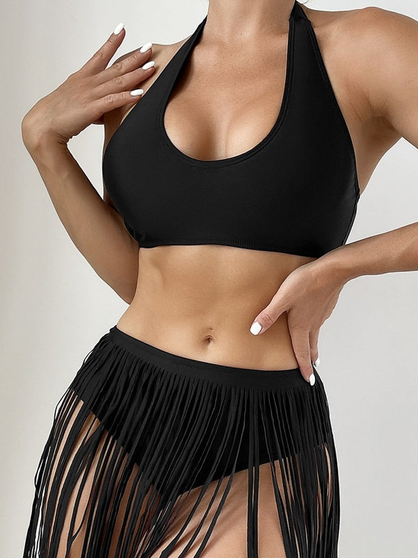 Sexy Solid Color Neckline Fringe Bikini Swimsuit Aosig