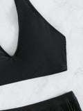 Sexy Solid Color Neckline Fringe Bikini Swimsuit Aosig
