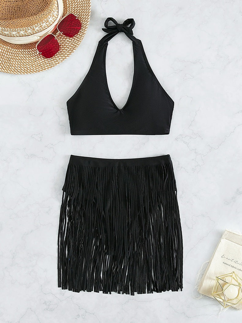 Sexy Solid Color Neckline Fringe Bikini Swimsuit Aosig