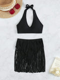 Sexy Solid Color Neckline Fringe Bikini Swimsuit Aosig