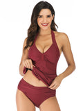 Sexy Solid Color Neckline Pleated Swimsuit Aosig