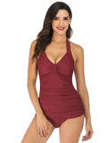 Sexy Solid Color Neckline Pleated Swimsuit Aosig