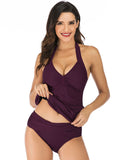 Sexy Solid Color Neckline Pleated Swimsuit Aosig